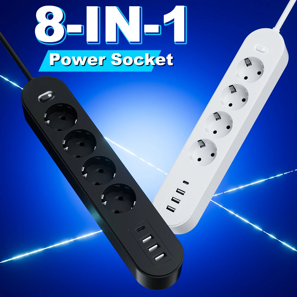1 high end 8 in 1 power strip with overload protection, one master switch, 4 ac outlet 1 high end 8 in 1 power strip with overload protection, one master switch, 4 ac outlet