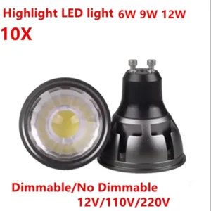 10 pack gu10/gu5.3/e27/e14/mr16 6w/9w/12w dimmable cob led bulb