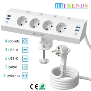 eu plug multi function power strip with desktop clamp 4 ac power outlets 4 usb a and 2 usb c 2 meter cable independent switches