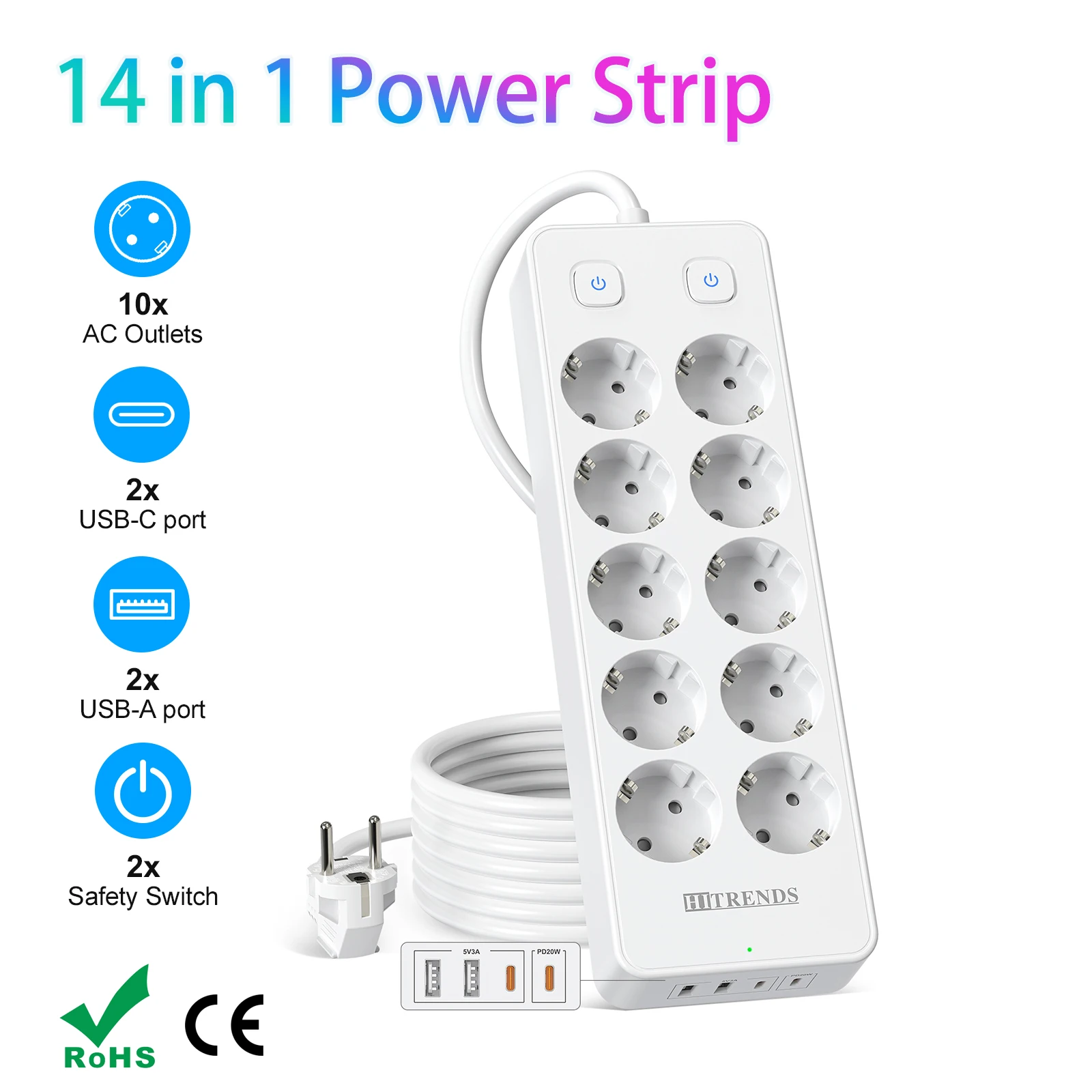 10 way european power strip with 2 usb a 2 usb c pd20w fast charging multiprise socket double switch surge protection 2m cable 10 way european power strip with 2 usb a 2 usb c pd20w fast charging multiprise socket double switch surge protection 2m cable