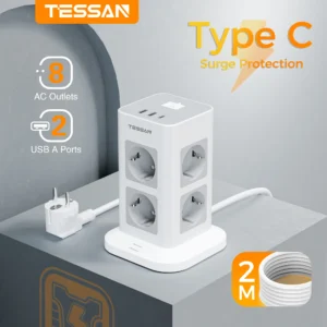 tessan tower power strip multi outlets with 2 usb +1 type c 2m extension cable eu plug vertical electric socket surge protection