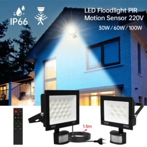 ac220v pir motion sensor led floodlight 30w 100w 6500k ip66 waterproof outdoor spotlight