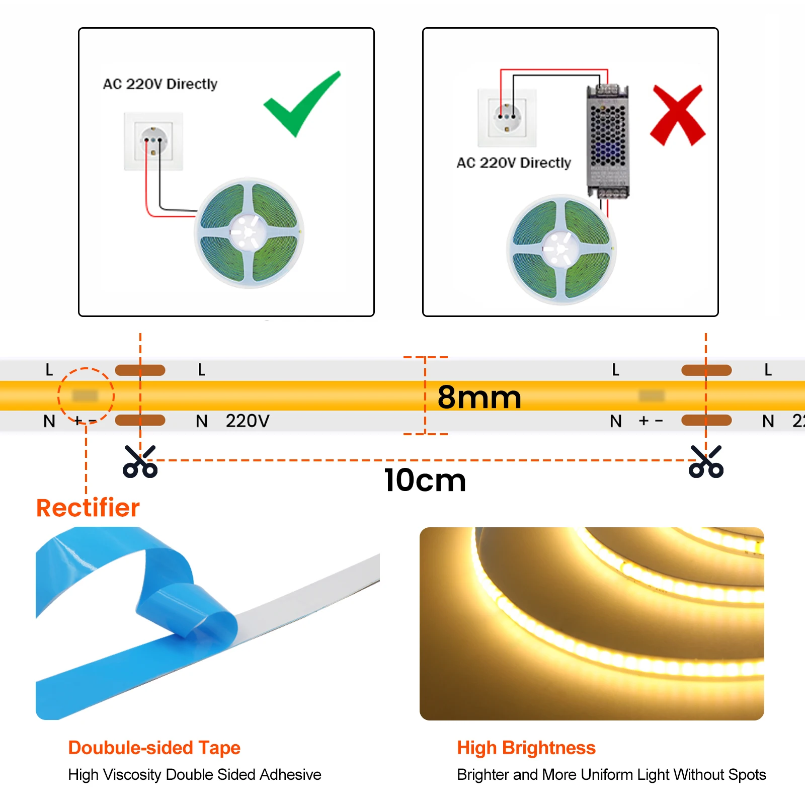 220v 110v 5m 20m cob led strip light 220v 110v 5m 20m cob led strip light