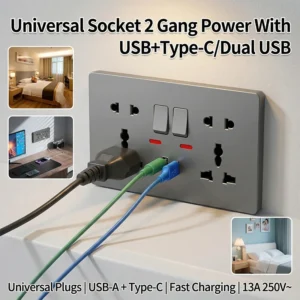 universal wall socket with usb c usb charger & switches 2 gang power