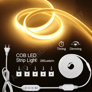 220v cob led strip light 288leds/m with timing dimming switch eu/au/uk/us