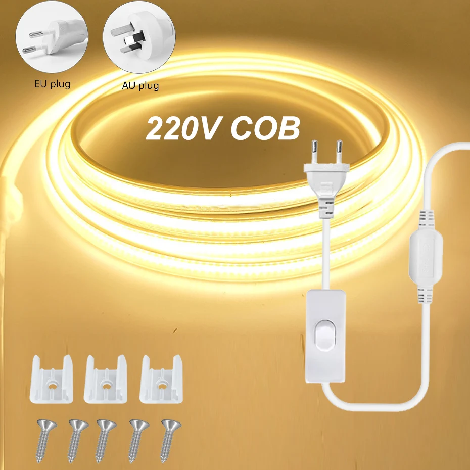 ac220v cob led strip light 288leds/m ip65 waterproof with on/off ac220v cob led strip light 288leds/m ip65 waterproof with on/off
