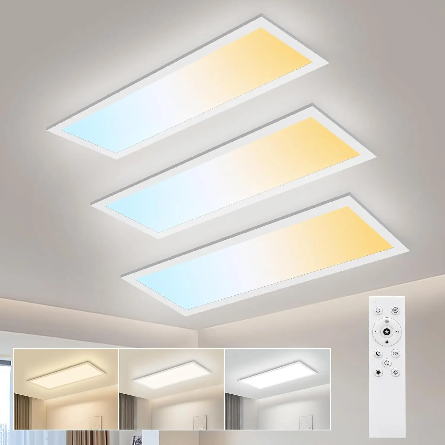 3x led panel ceiling light 58x20cm 24w 2400lm dimmable, remote control, 3000k 6500k 3x led panel ceiling light 58x20cm 24w 2400lm dimmable, remote control, 3000k 6500k