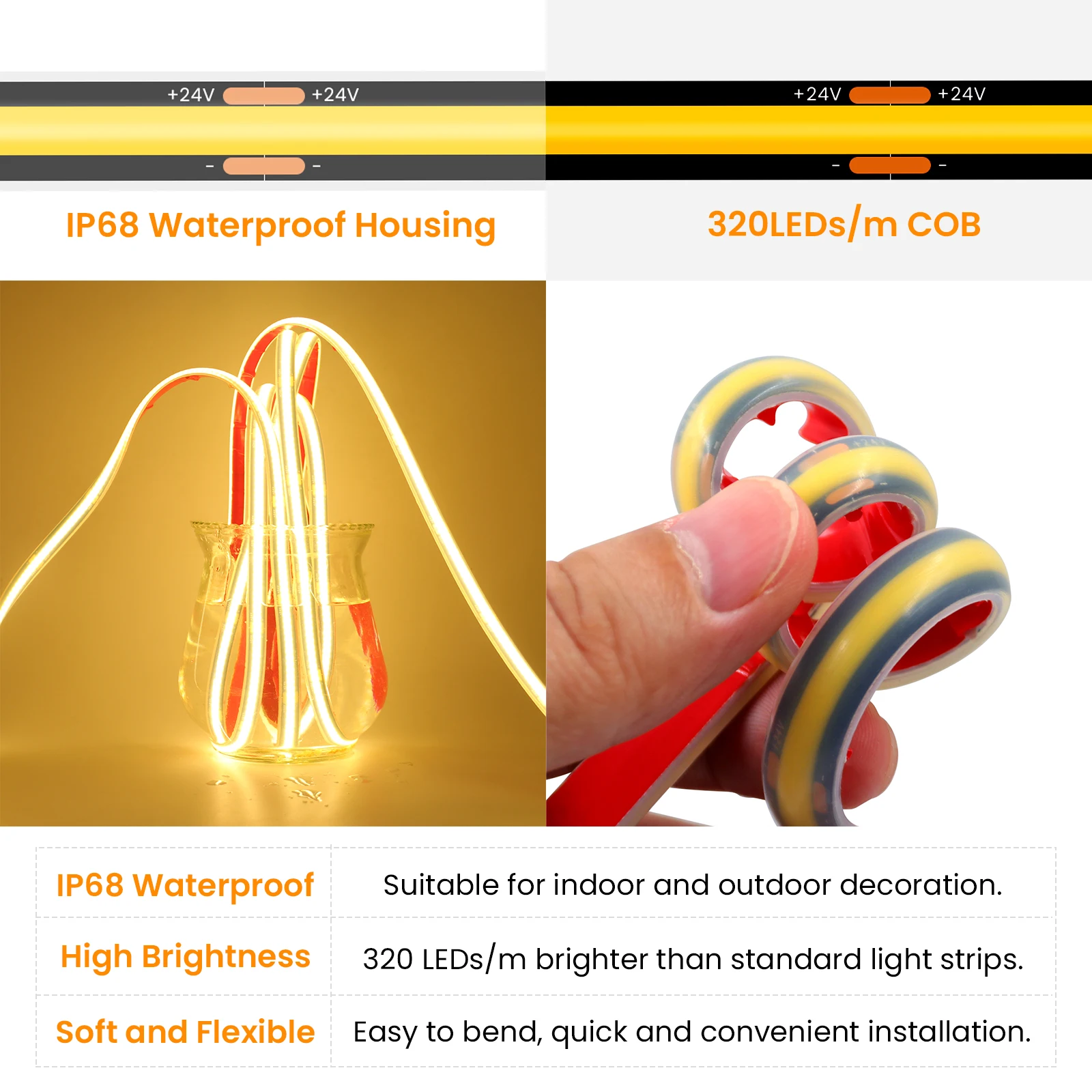 12v 24v cob led strip light dc 320leds/m high density flexible ip68 waterproof outdoor cob 12v 24v cob led strip light dc 320leds/m high density flexible ip68 waterproof outdoor cob