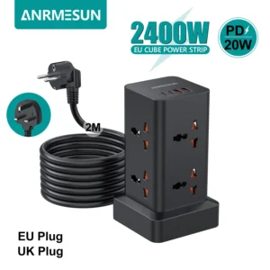 tower power strip eu plug surge protection 2 usb 2 type c