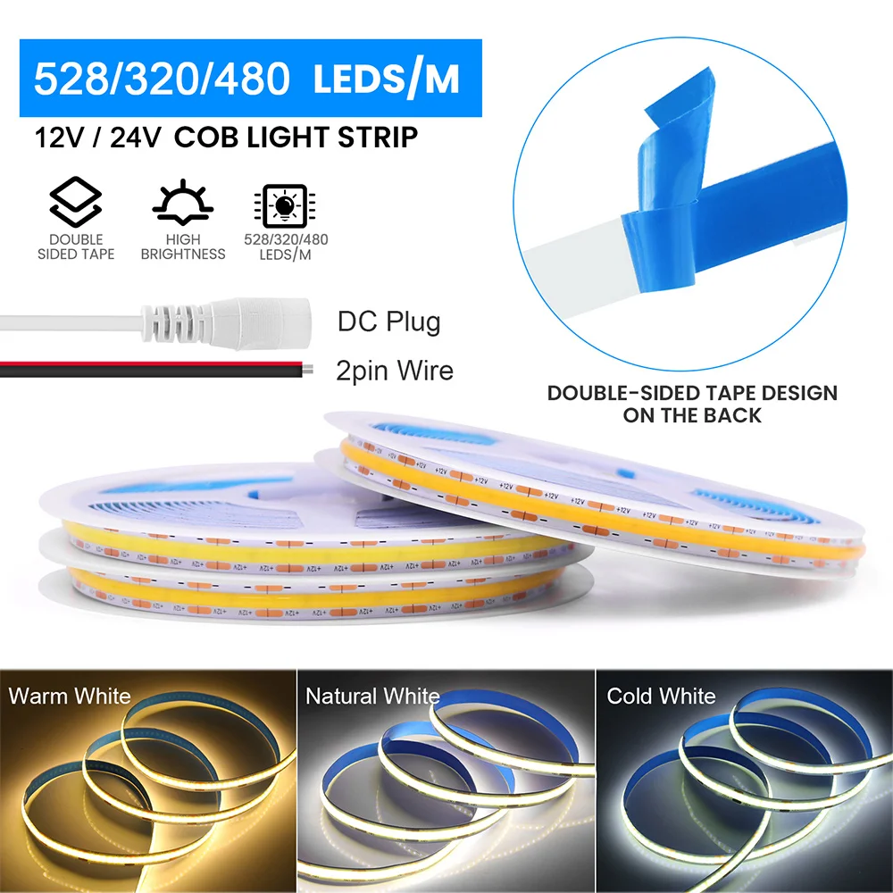 dc 12v 24v cob led strip light 320 480 528 leds flexible dc 12v 24v cob led strip light 320 480 528 leds flexible