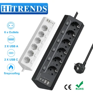 6 way european mulit plug power strip with 2 usb 2 type c, corner multi functional socket with 2m cable for home table
