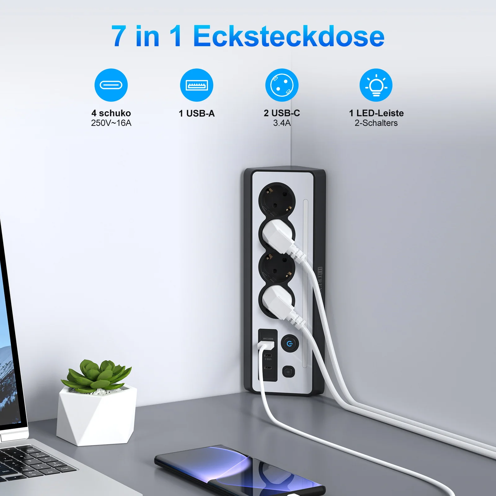 corner socket eu plug power strip with led light, 1.5m cable corner socket eu plug power strip with led light, 1.5m cable